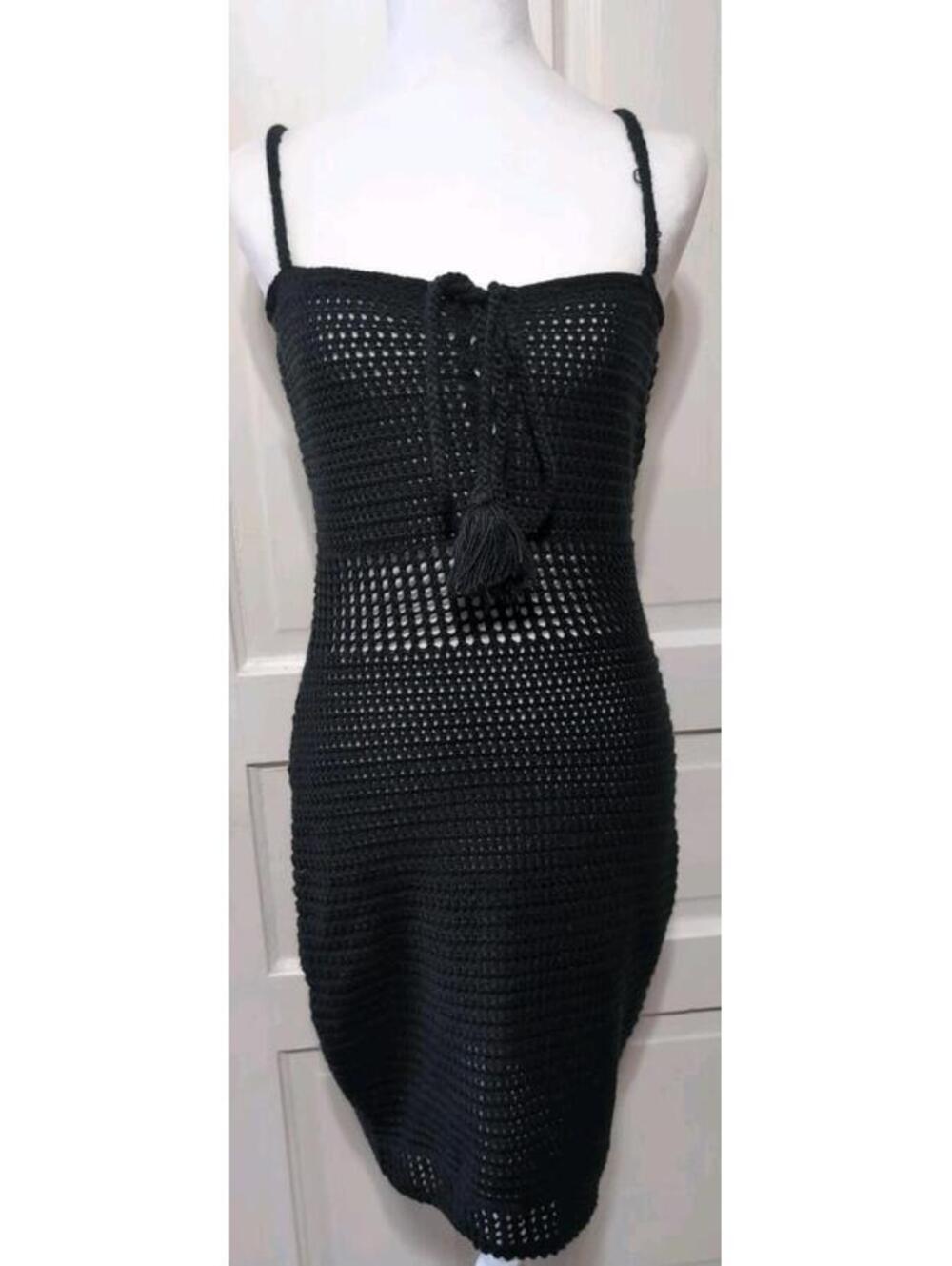 Miou Muse Bodycon Crochet Mini Dress Black Goth Festival Women's L(1344)